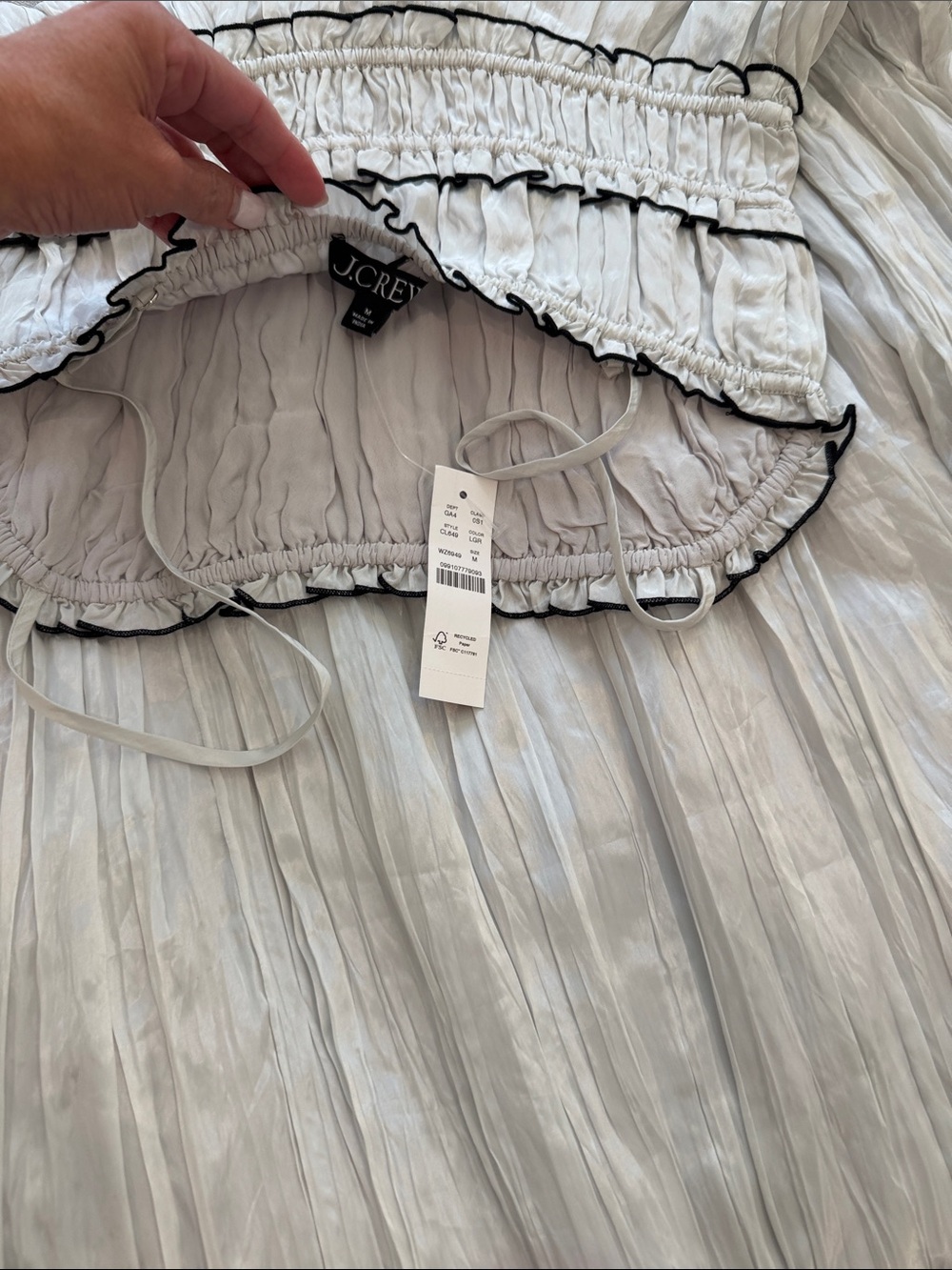 J. Crew White Pleated Slip Dress with Black Edge Trim